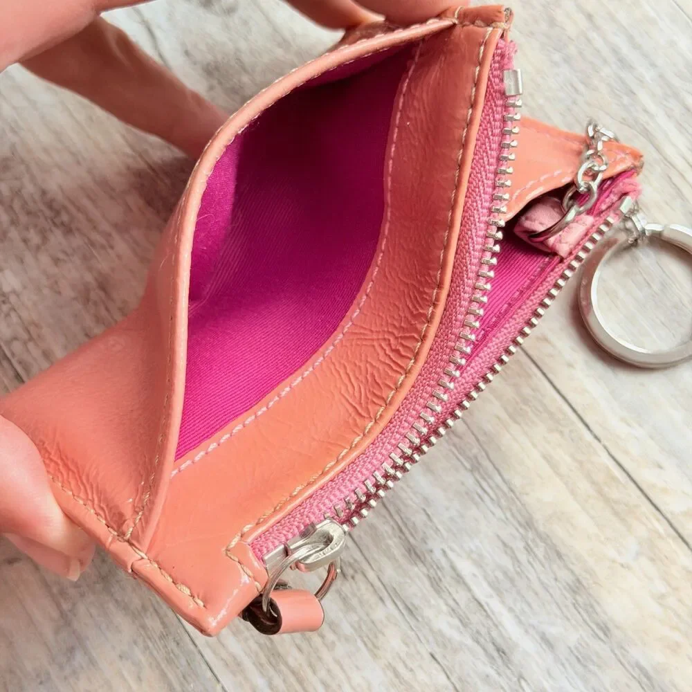 Coach Wallet Patent Leather Skinny Card Case Zip Keychain Coral Pink Coin Pouch